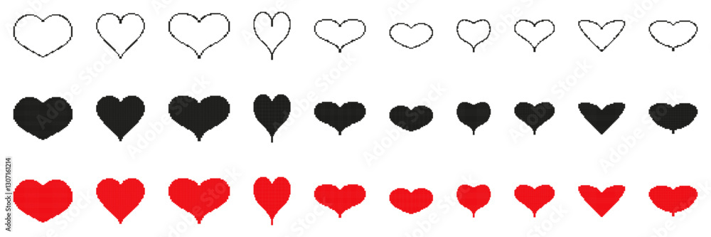 Poster heart pixelated icon set. pixel art symbol collection of heart shapes in various colors and sizes. i