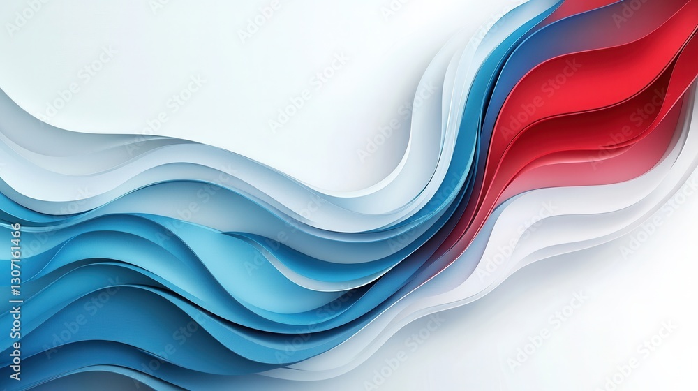 Poster Dynamic layered waves in red, blue, and white creating a powerful paper art background representing national pride and movement Generative AI