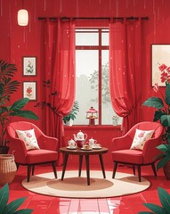 red theme Rainy day cozy indoor tea party invitation plain modern flat illustration background with copy space backdrop