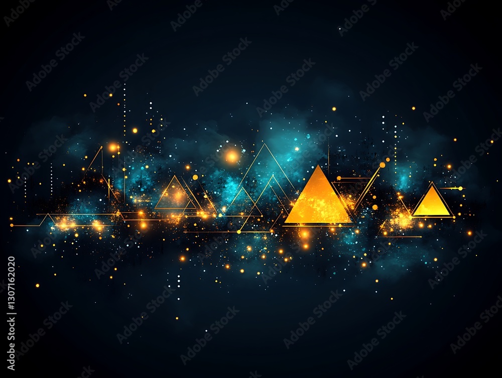 Poster abstract digital landscape with triangles and glowing geometric patterns