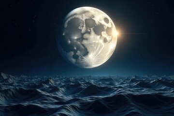 Fototapeta premium Cratered lunar surface under bright full moon illumination, bright, moonlight