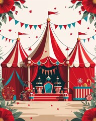 red theme Vintage circus carnival party invitation plain modern flat illustration background with copy space backdrop