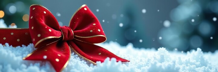 Velvet bow with golden accents against a snowy backdrop, holiday adornment, ornamental detail, snowflake