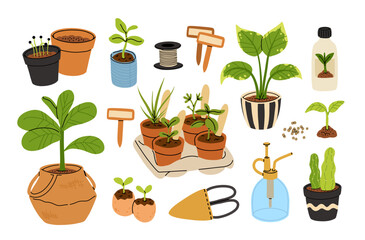 Vector set of gardening pots and plants in pots isolated on white background. Bundle of home plants and repotting. Big set of garden elements.