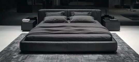 Modern Black Bedroom Design with Elegant Leather Bed and Decor