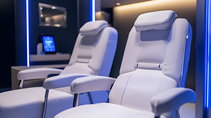 Two white chairs with blue accents sit in a room