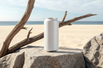 Fototapeta premium White soda can mockup placed on rough stone on white sand beach and dry branch with seascape background