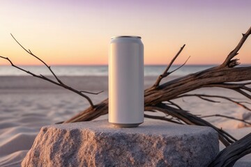 Fototapeta premium White soda can mockup placed on rough stone on white sand beach and dry branch with seascape background in twilight time