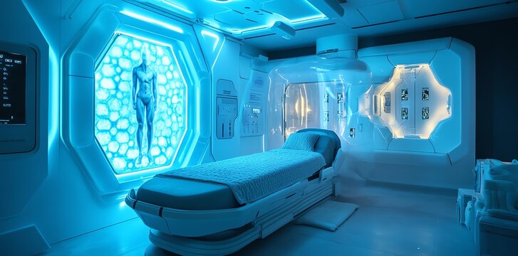 Futuristic Medical Bay with Cryosleep Chamber and Patient Bed