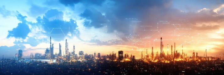 Naklejka premium futuristic oil refinery, modern designer background with a high-tech oil refinery, digital interface, drilling platforms, and industrial skyline add text freely