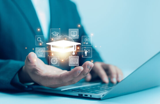  E-learning education concept, internet lessons and online webinar.  who attends online lessons on a digital Education  learning online with webinar, learn,training, education, course, tutorial,
