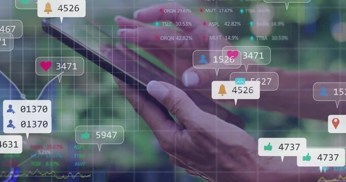 Interacting with tablet, person viewing animation of social media and stock data
