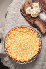 Cottage cheese casserole. Top view. Homemade casserole with cottage cheese, cottage cheese and sugar.
