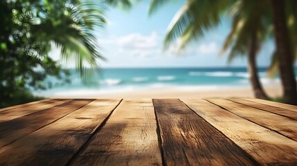 Beautiful wooden table with a view of the ocean framed by palm trees and a blurred scene