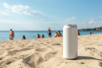 White soda can mockup with people on the beach background