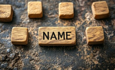 This image showcases the word name carved into a piece of wood.