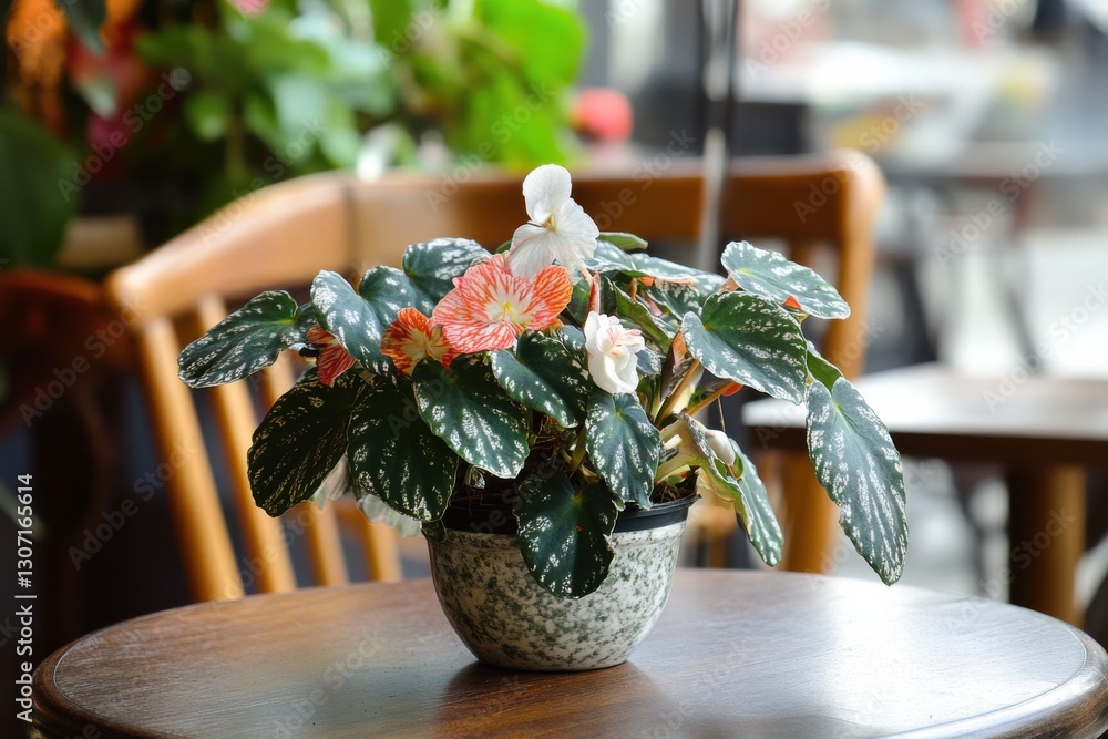 Poster begonia maculata displayed elegantly on a cafe table surrounded by greenery