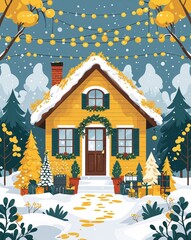 yellow theme Cozy home winter engagement party invitation plain modern flat illustration background with copy space backdrop