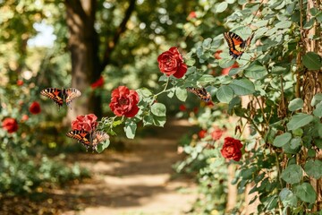 Obraz premium Vibrant butterflies fluttering among red roses in a sunny garden