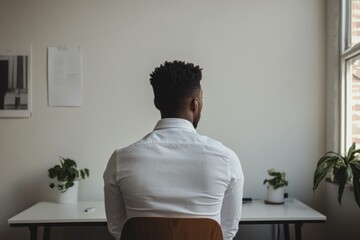 Man in a white shirt seated at a desk, contemplating in a minimalistic office space with plants, symbolizing introspection and focus