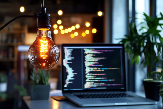 A glowing light bulb symbolizing innovation and ideas appears next to a computer screen displaying lines of code, representing software development and programming. background features a high-tech