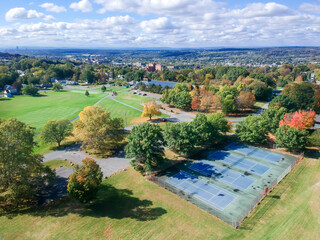 Aerial view in autumn of the tennis courts at Frear Park in Troy, NY