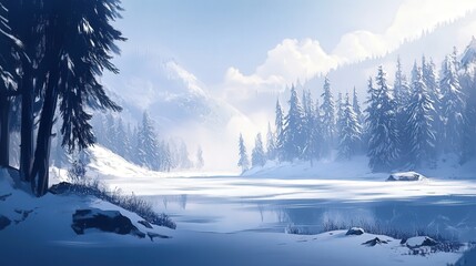 A snowy landscape with a vast, frozen lake and tall trees blanketed in snow, capturing the serene beauty and isolation of winter.