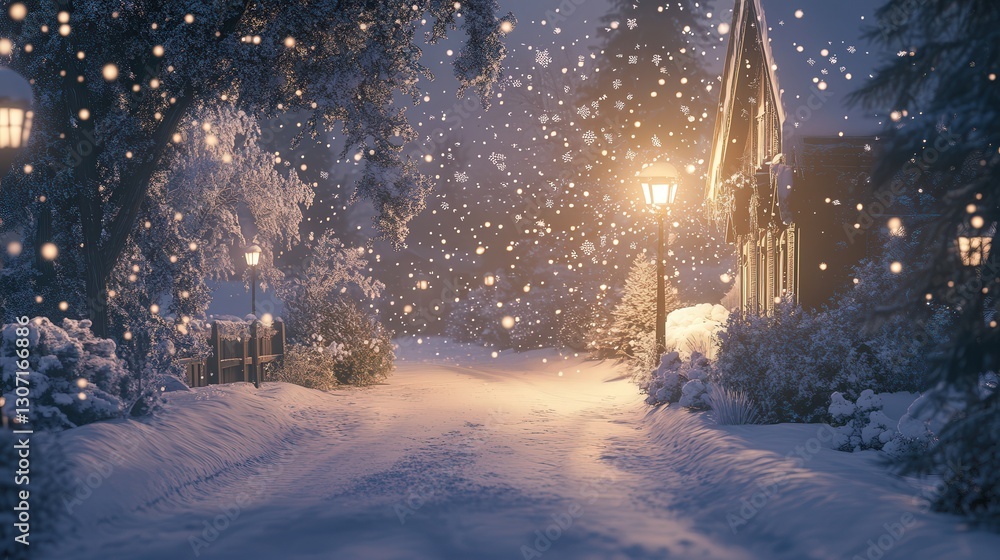 Poster a snowy winter wonderland where light filters through softly falling snowflakes, creating an enchant