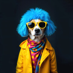 A dog with blue hair and sunglasses, wearing a yellow jacket and a bright scarf on a dark background. Stylish