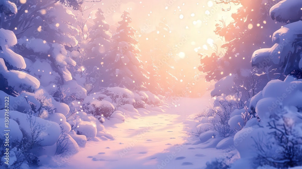 Poster a snowy winter wonderland where light filters through softly falling snowflakes, creating an enchant