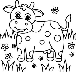 Fototapeta premium SVG vector features hand-drawn farm animals with line art. Happy Cartoon Cow in a Field Surrounded by Flowers and Grass
