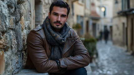 Obraz premium stylish male model wearing leather jacket scarf and jeans leaning on old wall in historic town showcasing relaxed travel fashion and mens style portrait