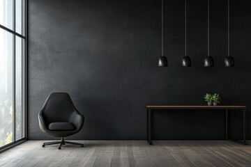 Office interior with blank black wall. AI generated illustration.