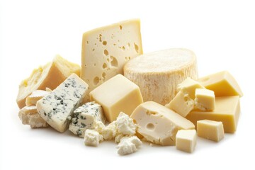 Variety of Asiago cheese displayed isolated on a white background showcasing texture and details