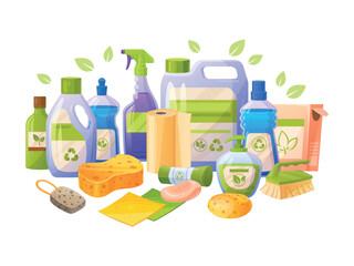Eco cleaning supplies. Eco-friendly products, Natural organic household kitchen detergents or personal hygiene cleaner sustainable product bath equipment tidy vector illustration