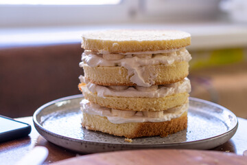 Sponge cake, shortcakes on baking grid, text space, selective focus, close up