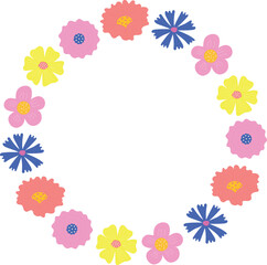 Frame of flowers. Round frame of flowers with copy space. Isolated flat vector illustration for decoration of banners, posters, backgrounds, cards.