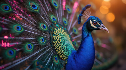 vibrant peacock displays its colorful feathers, showcasing intricate patterns and hues. scene captures beauty and elegance of this majestic bird © Manit