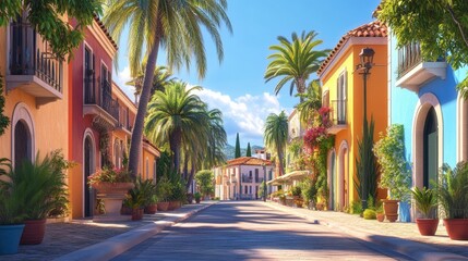 Fototapeta premium Palm-lined streets of a historic Mediterranean town, colorful buildings, vibrant blue sky, relaxing vacation atmosphere, ultra-detailed, high resolution, 4K.