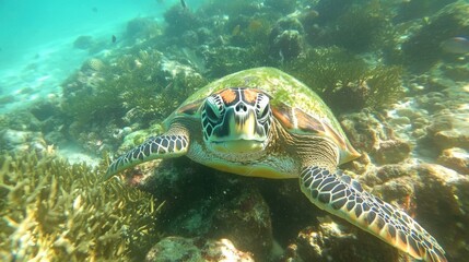 Close-up of a vibrant green sea turtle swimming over a colorful coral reef in crystal clear blue water, surrounded by tropical fish and sunlit beams filtering through the serene underwater paradise