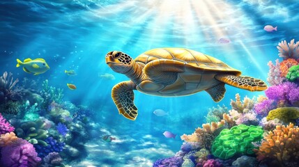 Sea turtle with detailed scales and shell swimming in clear blue waters above a vibrant coral reef, schools of fish in the distance, dynamic sun rays, natural marine wildlife scene