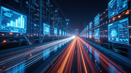 Obraz premium Futuristic cityscape with data visualization and light trails at night