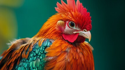 cock, macro, green solid background, detailed close-up of feathers with soft reflections, natural and tranquil atmosphere.
