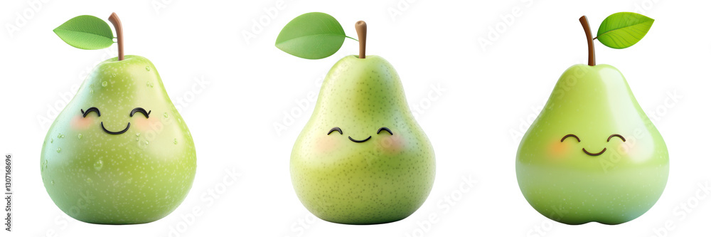 Poster smiling pears with cute expressions and green leaves on transparency background