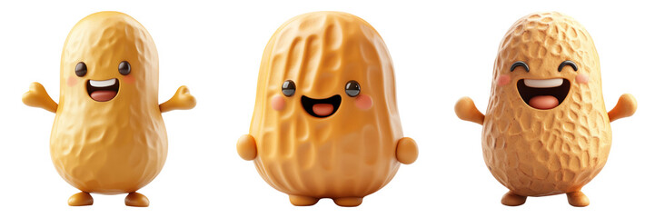 Happy cartoon peanuts with smiling faces and arms, showcasing joy