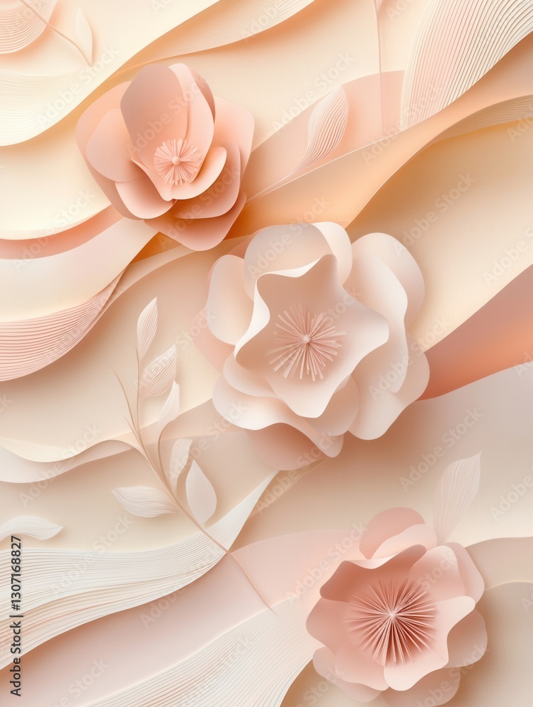 Poster delicate pastel paper flowers and wavy layers create an elegant backdrop for soft styling possibilit
