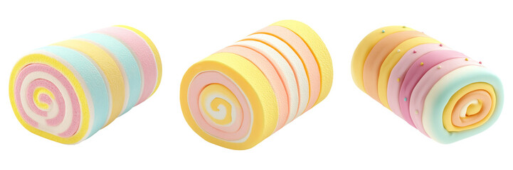 Colorful jelly roll pastries with pastel swirls and playful designs