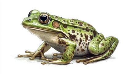 Obraz premium A captivating watercolor of a spotted green frog, gazing rightward. Its vivid eyes gleam beneath lush foliage, inviting intrigue within its serene gaze