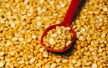 Yellow chana dal and Organic Bengal Gram (Cicer arietinum) with a spoon.