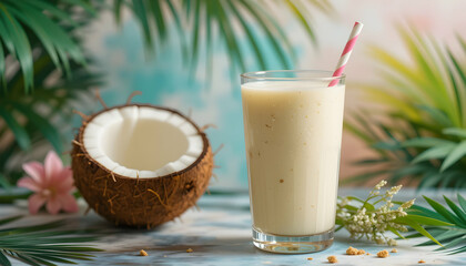 Refreshing Coconut Smoothie with Straw Beside Halved Coconut and Foliage